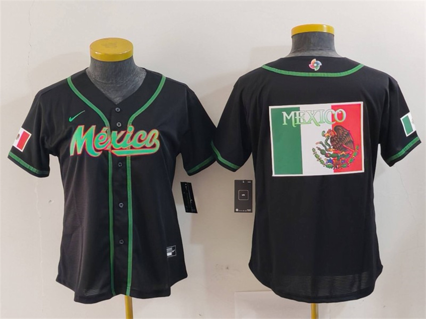 Women's Black Mexico Baseball Team Big Logo 2023 World Baseball Classic Stitched Jersey(Run Small)